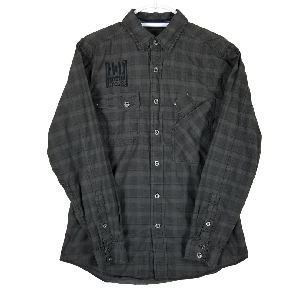 Harley-Davidson Button Down Shirt Men Medium Charcoal Black Plaid Embroidered
